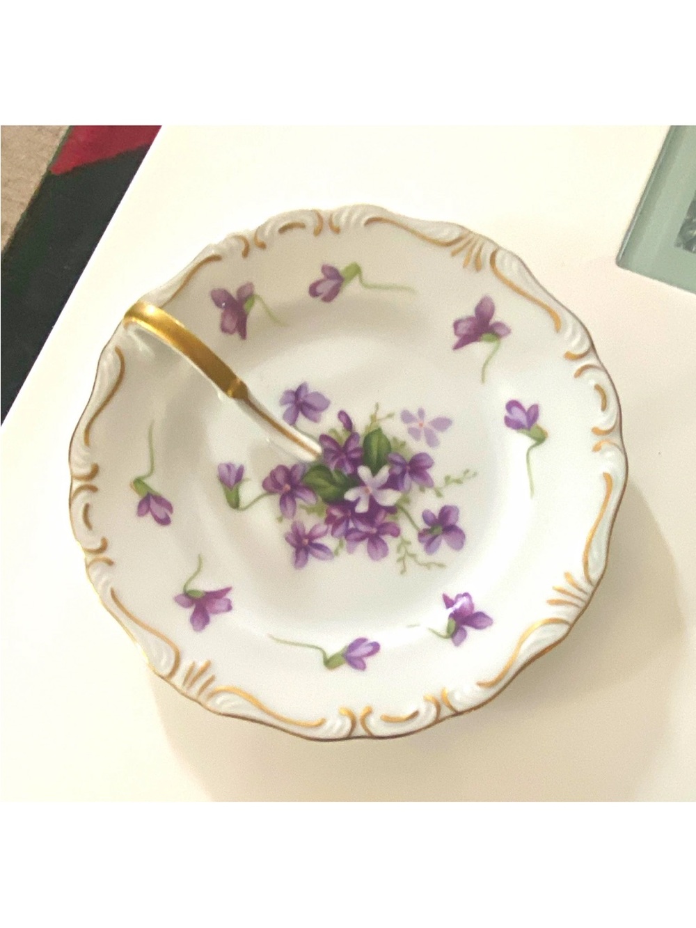 Rosetti White Porcelain Bowl with Purple Violets and Gold Trim